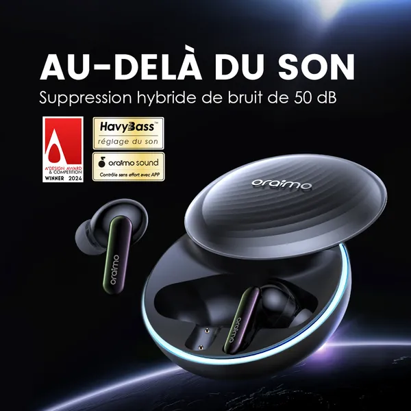 Oraimo SpaceBuds Ecouteurs à réduction de bruit ANC 50dB avec personnalisation des commandes vocales - Vue 4